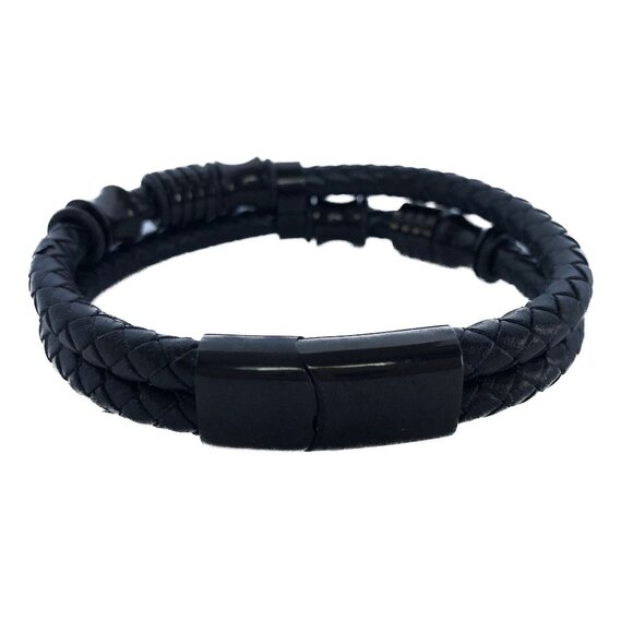 Mens Bracelet Double Row Black Braided Leather Black Stainless Steel Closure Sz - Picture 9 of 10